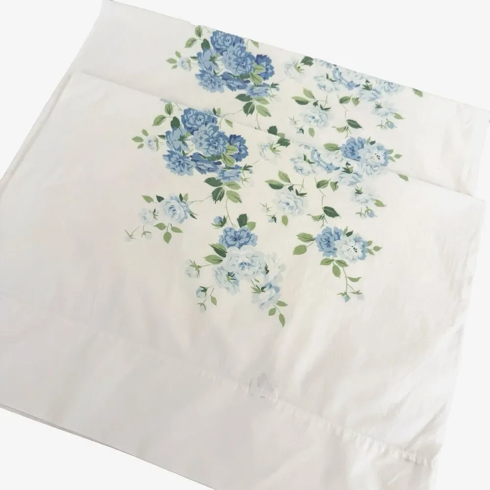 Vtg Fieldcrest Blue Floral King Pillowcases Cottagecore 100% Cotton USA READ